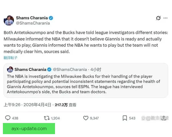 联盟调查雄鹿与字母哥健康信息前后不一致情况